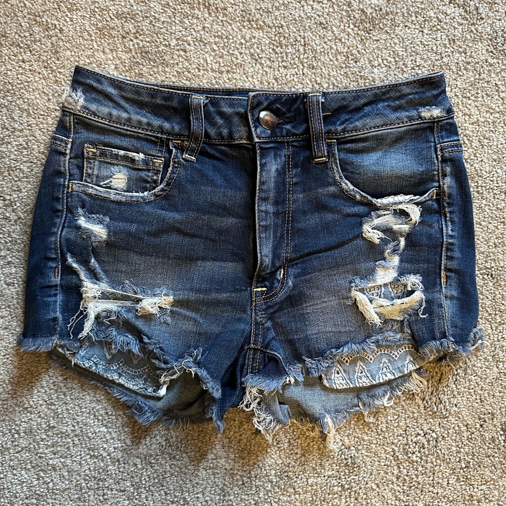 American Eagle Dark Blue Distressed Jean Shorts